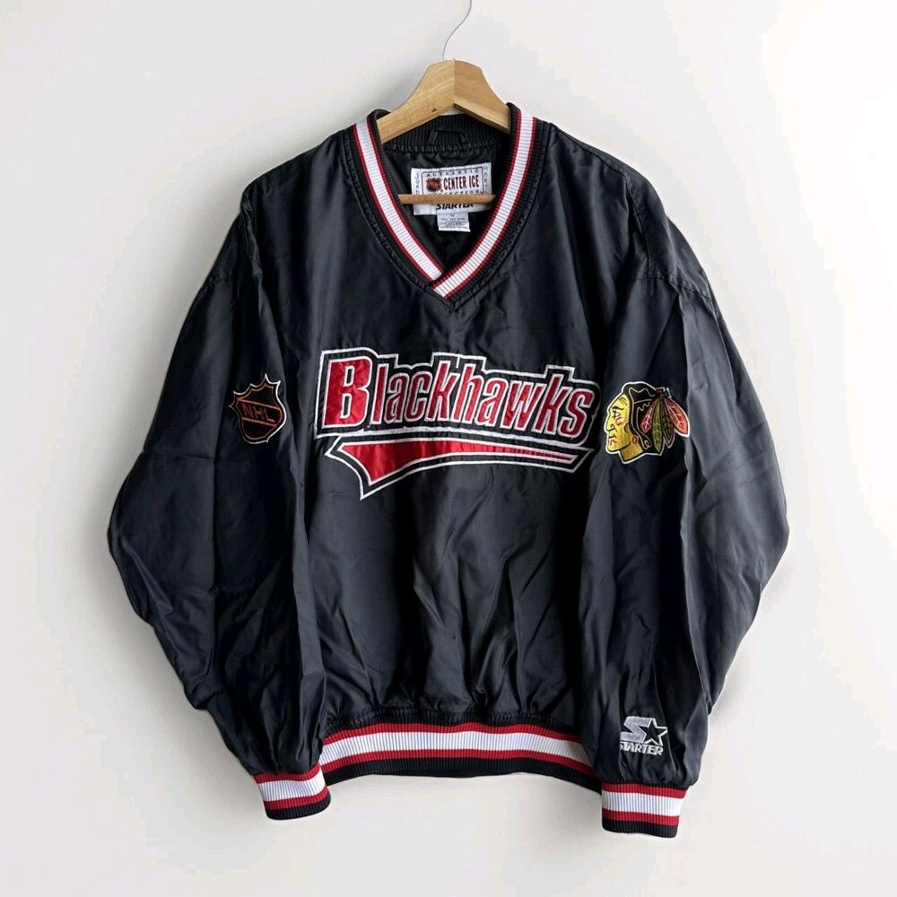 VTG 90s Starter Center Ice Chicago Blackhawks Windbreaker Pullover Jacket Medium